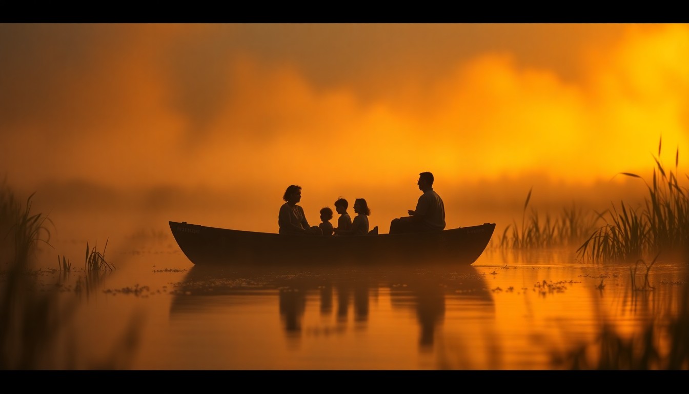 An abstract, impressionistic scene of soft, blurred light and color, conveying the fragility and beauty of a family's outdoor adventure on the water.
