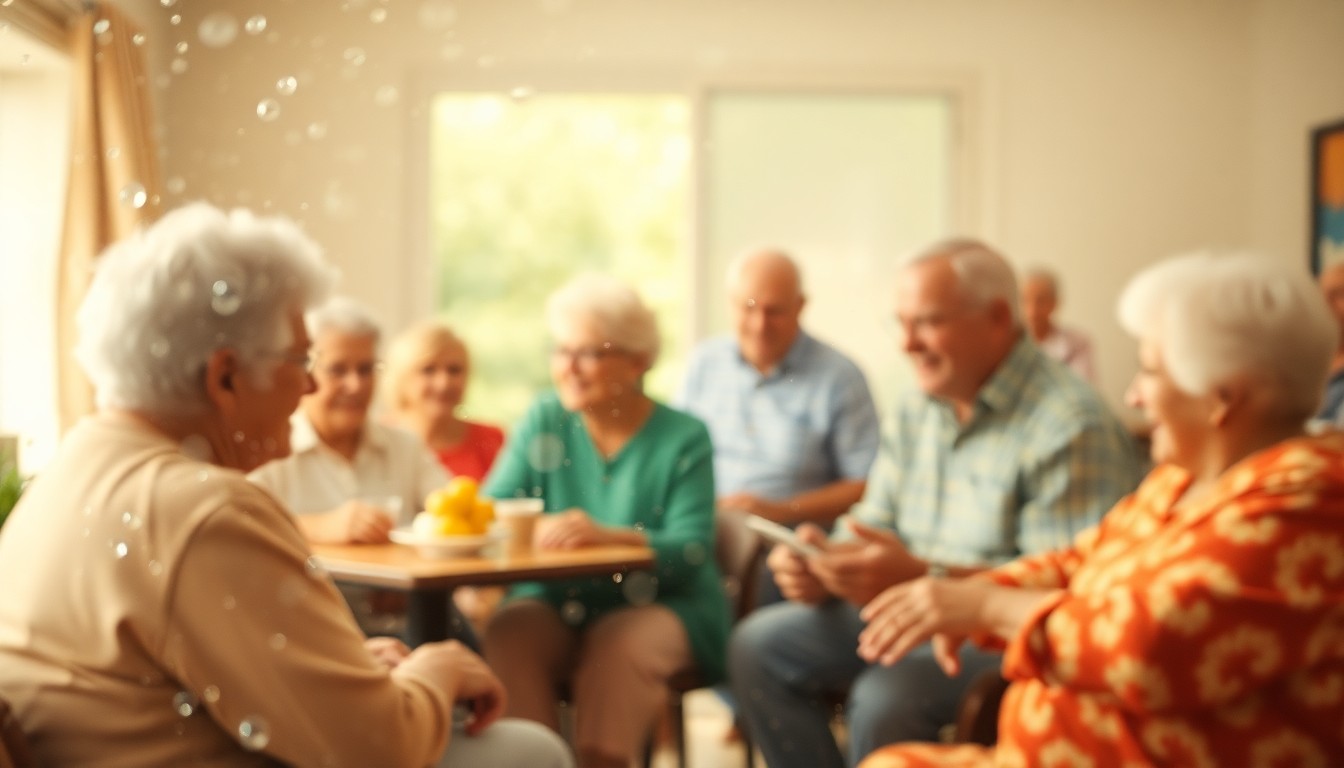 An impressionistic, out-of-focus scene depicting older adults engaged in various activities, with warm pools of light and color creating a sense of community and connection.