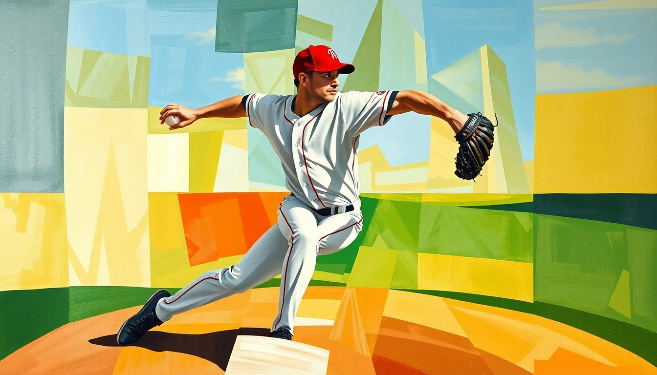 A fragmented, geometric painting depicting a baseball pitcher's windup and delivery broken down into sharp, overlapping planes of color and form, conveying the dynamic energy and potential of a young player facing a setback.
