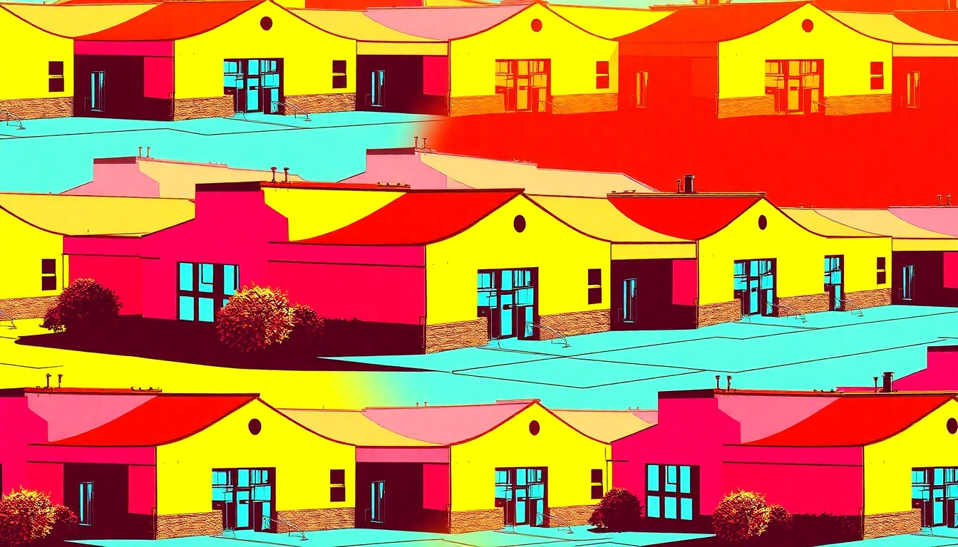 A highly stylized, abstract illustration of a community center building, rendered in a bold, neon color palette and silkscreen print aesthetic, conceptually representing the transformative impact of local philanthropy.