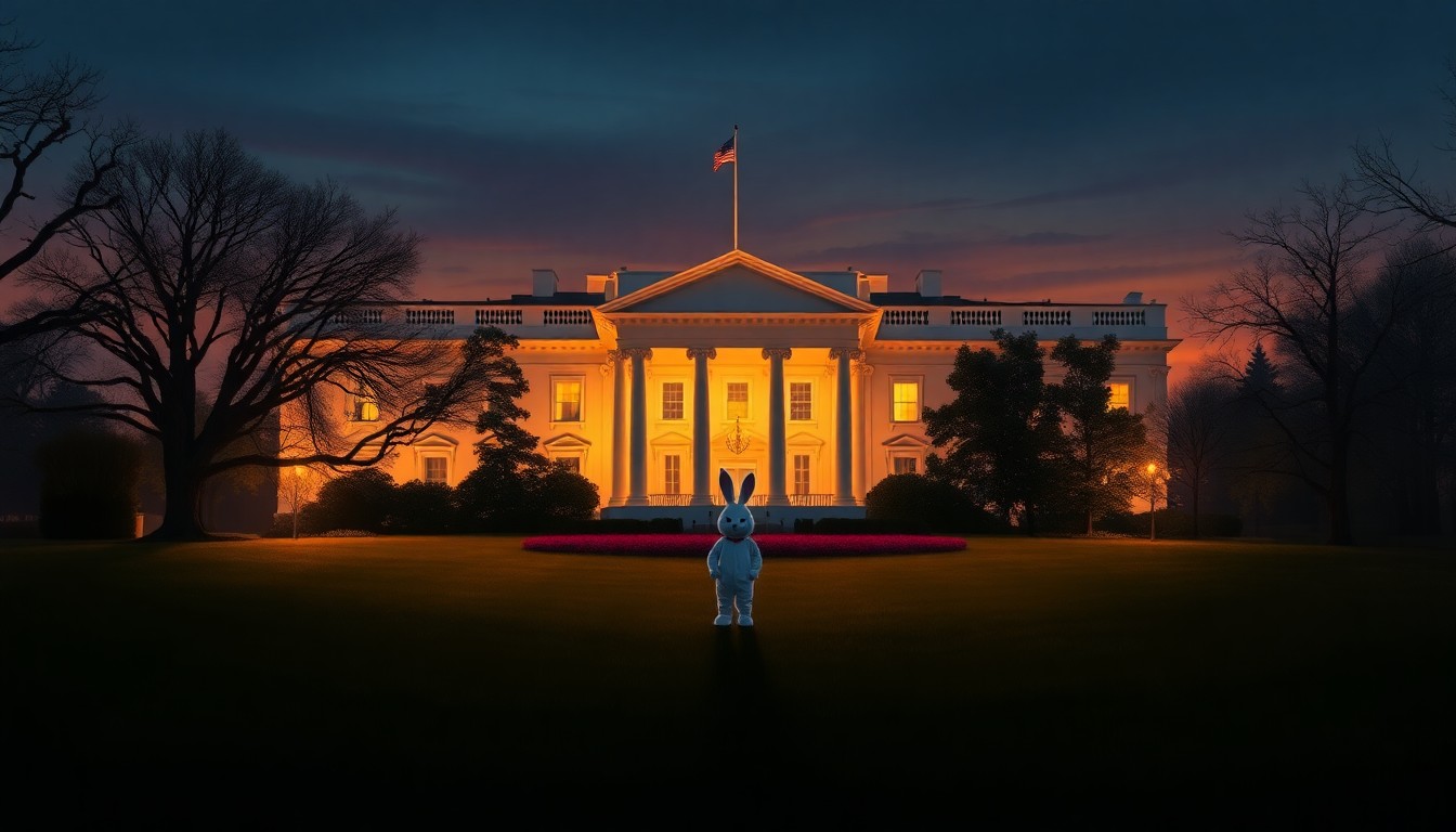 A cinematic painting of the White House lawn at dusk, with a lone figure in an Easter Bunny costume standing in the foreground, bathed in warm, diagonal sunlight and deep shadows, conceptually representing the political nostalgia and messaging controversy.