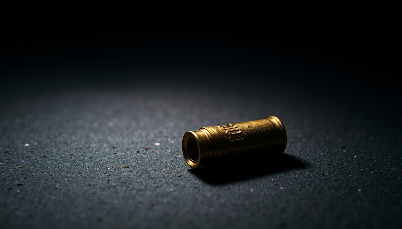 An extreme close-up photograph of a single spent shell casing on a dark, textured surface, lit by a harsh, direct camera flash, conveying the gritty aftermath of a shooting incident.