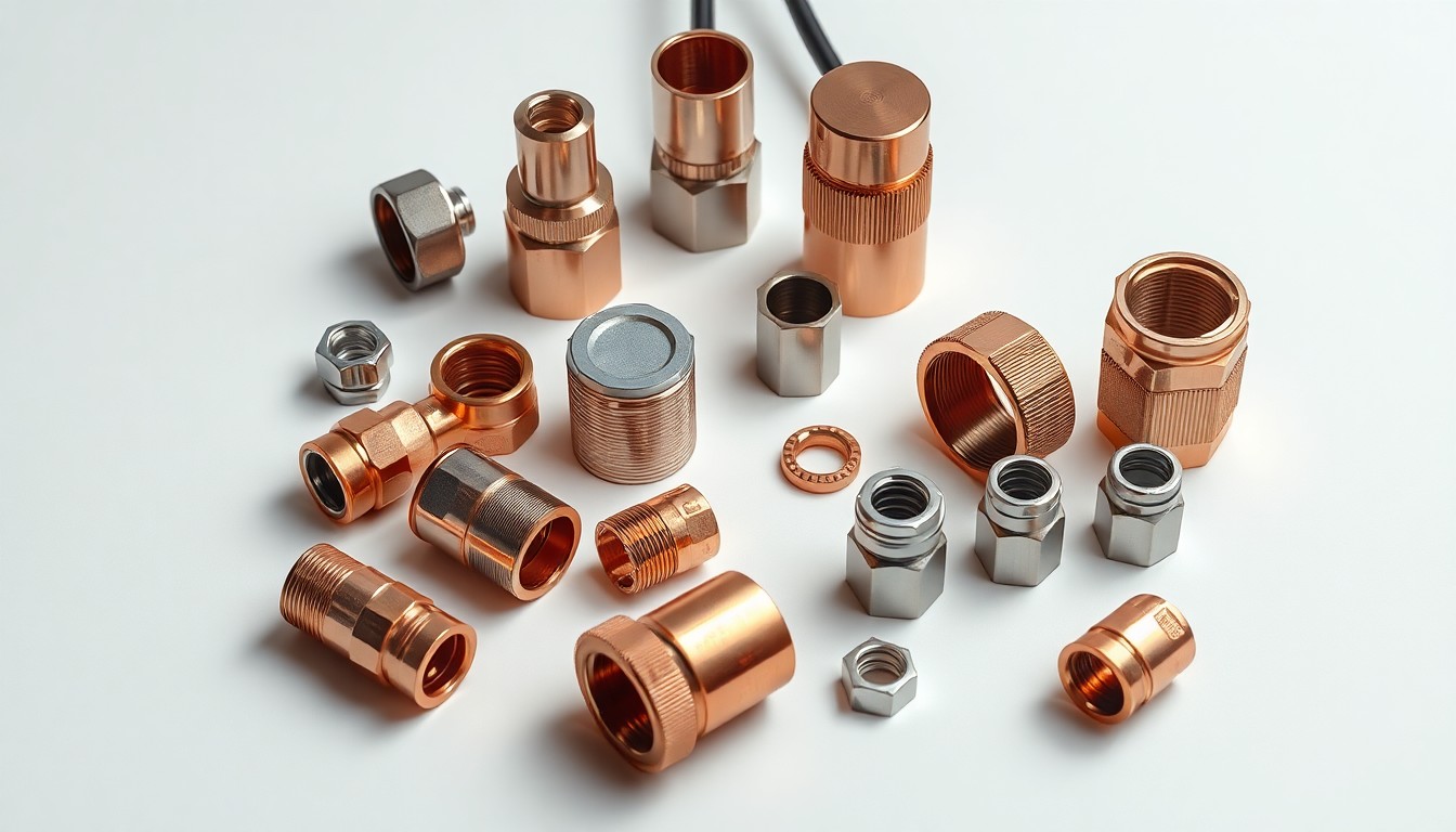A high-end, photorealistic studio still-life photograph featuring a collection of polished copper electrical fittings, wire nuts, and other premium electrical components arranged elegantly on a clean, white seamless background, conceptually representing the precision and craftsmanship of Frank Purdy Electric's work.