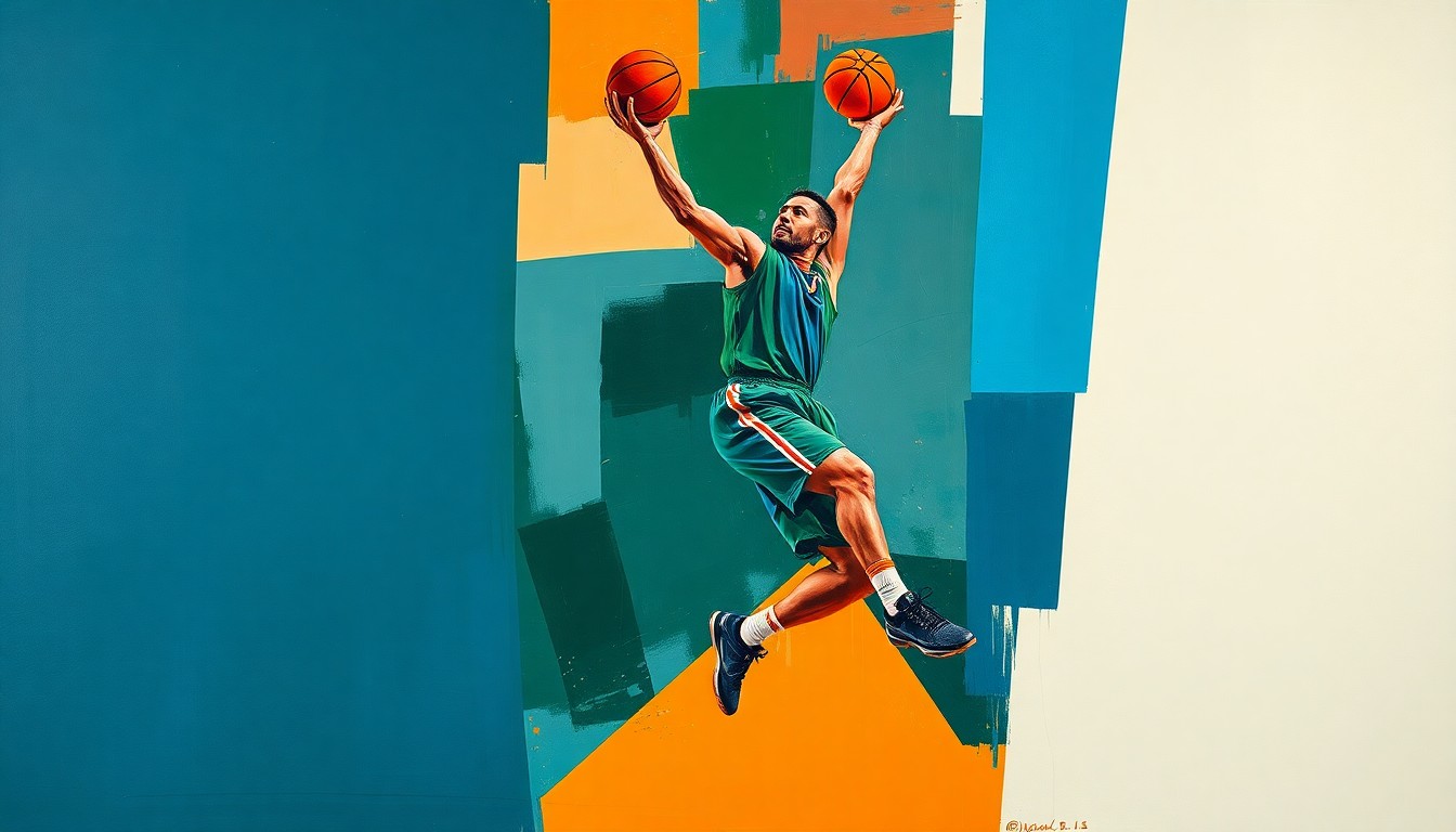 A fractured, multi-angled painting depicting a basketball player in mid-jump shot, broken down into sharp, overlapping geometric shapes in a palette of deep blue, forest green, and burnt orange, conveying the tension and complexity of the dispute between the player and his team.