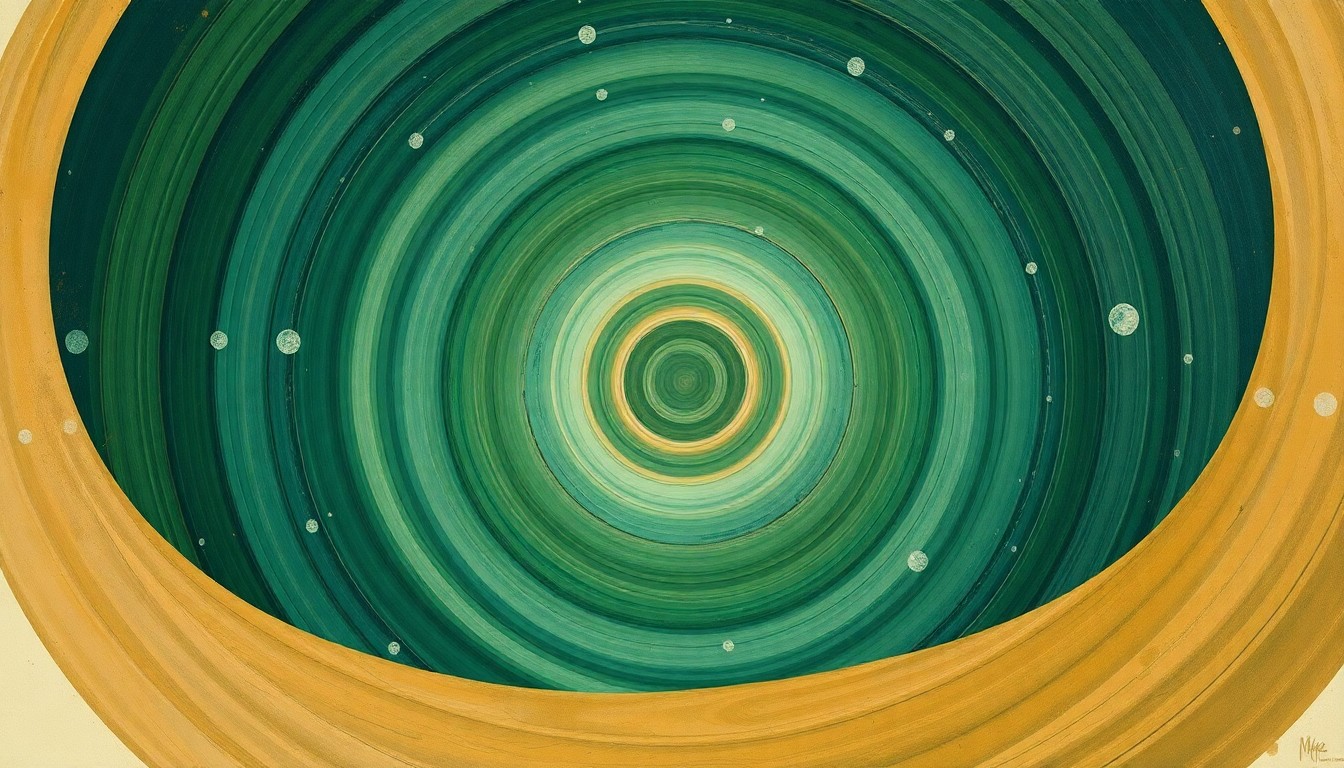 A highly structured abstract painting in earthy tones, featuring sweeping geometric arcs, concentric circles, and precise botanical spirals, conceptually representing the complex natural forces and systems that local climate initiatives aim to address.