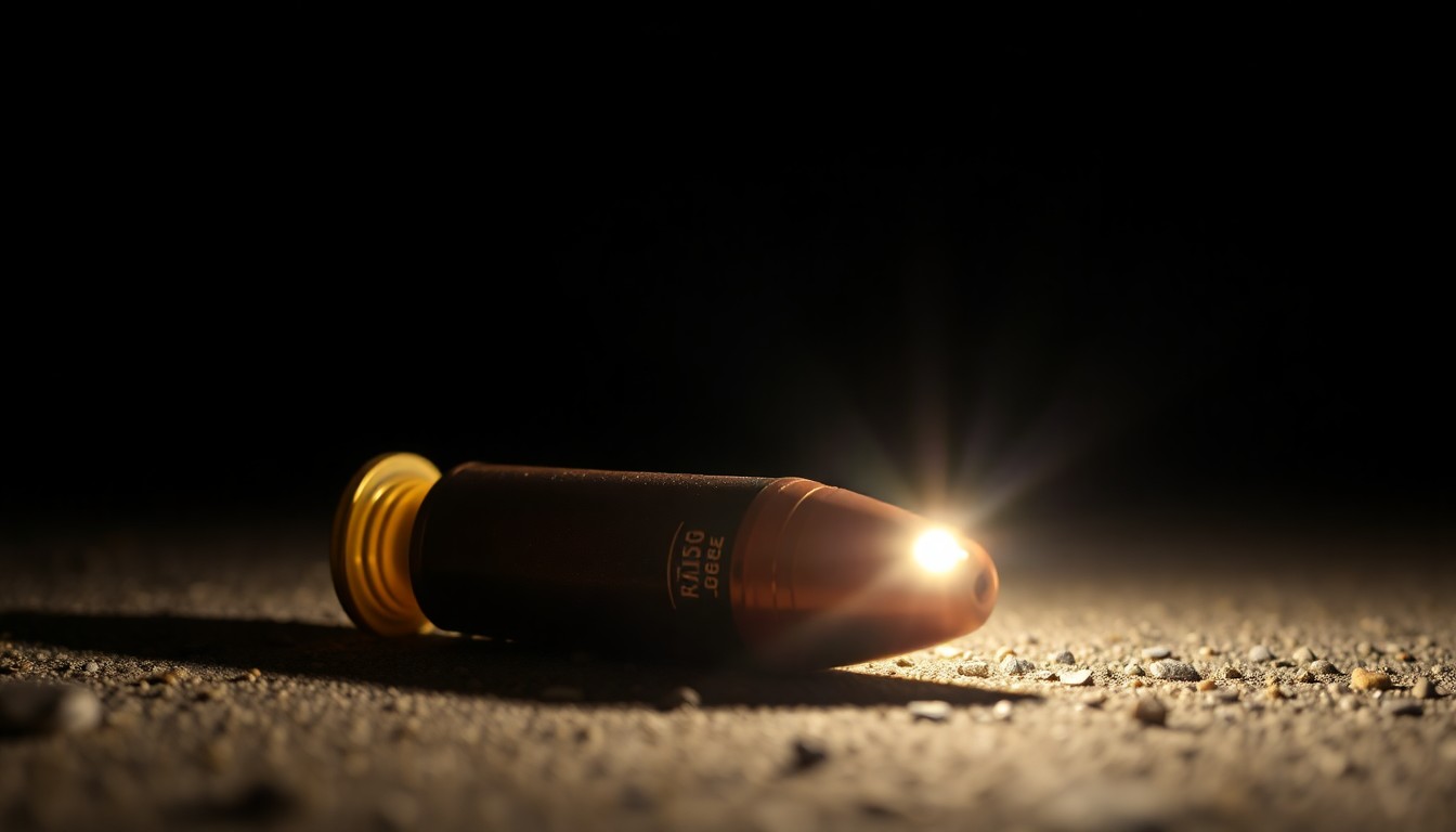 An extreme close-up of a spent shell casing on the ground, reflecting a bright flash of light in the darkness, conceptually representing the aftermath of a tragic shooting incident.