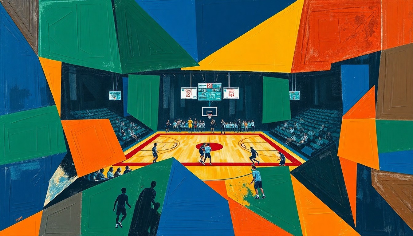 A cubist, geometric painting depicting a high school basketball game, with sharp, overlapping planes of color representing the dynamic action on the court.