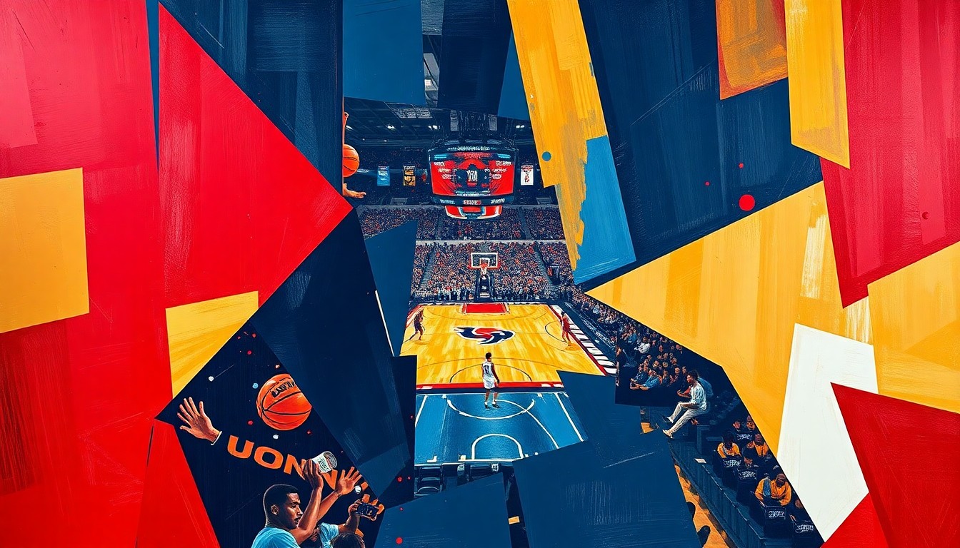 A fragmented, geometric painting depicting a college basketball game, with sharp planes of navy blue, bright red, and gold representing the UConn Huskies team colors, conceptually illustrating the financial stakes and emotional tension of a failed promotional giveaway.