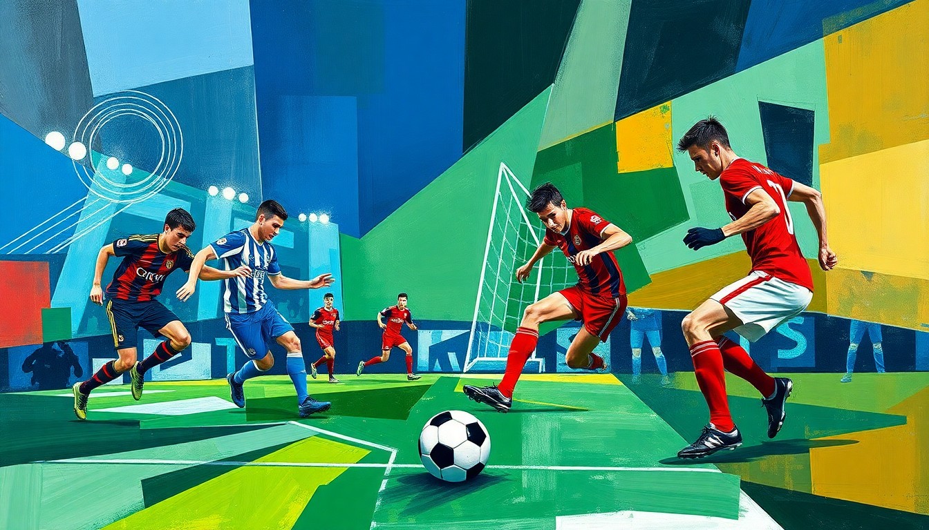A cubist, geometric painting depicting a soccer match between two teams, with the players and ball represented as abstract, angular shapes in a palette of deep blues, greens, and reds.