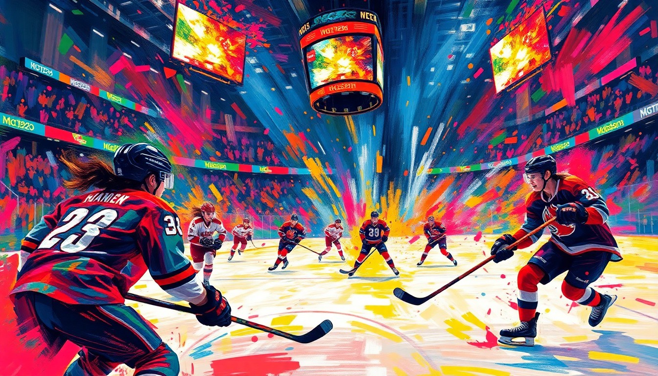 An abstract expressionist painting in vibrant neon colors, with rapid brushstrokes capturing the dynamic movement and energy of a women's professional hockey game.