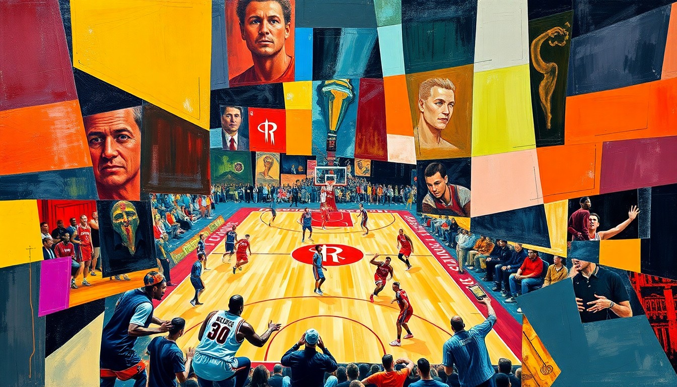 A fractured, multi-perspective painting in the style of Pablo Picasso, breaking a basketball game down into sharp, overlapping geometric planes of vibrant colors representing the Rockets and their opponents.