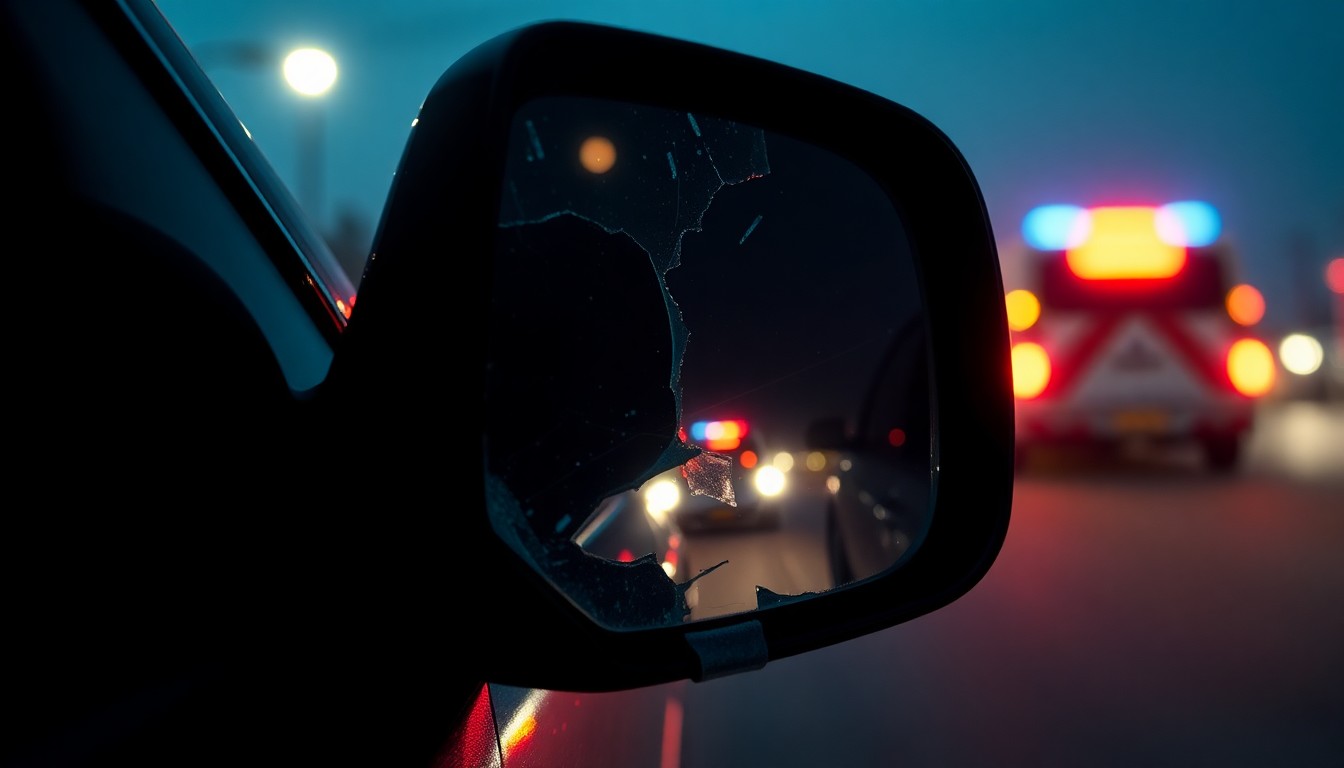 An extreme close-up photograph of a shattered car side mirror reflecting the flashing lights of emergency vehicles, conceptually illustrating the aftermath of a drunk driving incident that injured parade-goers.