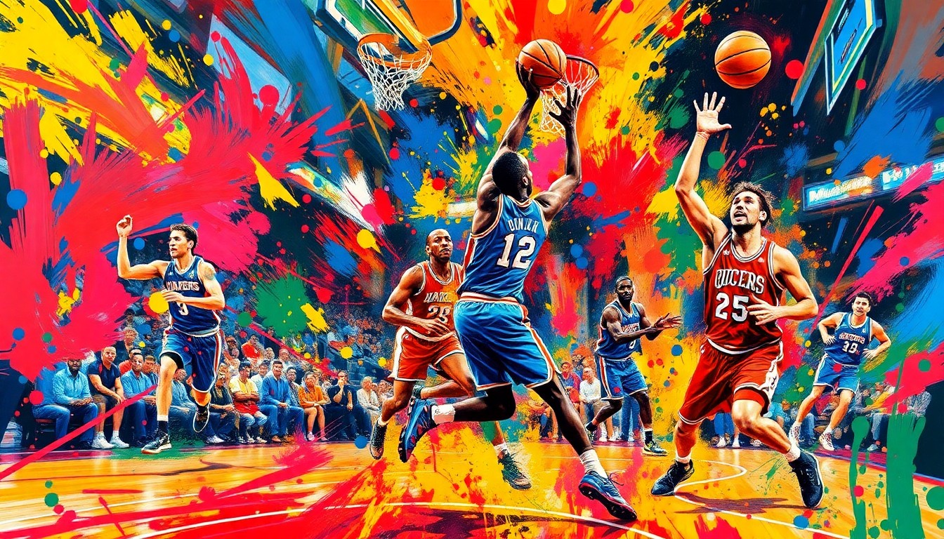 A dynamic, abstract painting in neon colors depicting the intense action and energy of an NBA basketball game, with players' forms blending into vibrant brushstrokes.