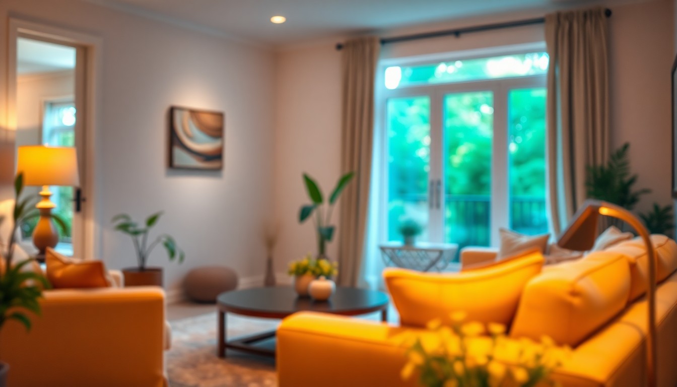 An extremely abstracted, out-of-focus photograph of a cozy living room with warm lighting, plush furniture, and hints of greenery outside the window, conveying the relaxing atmosphere of a luxury retirement community home.