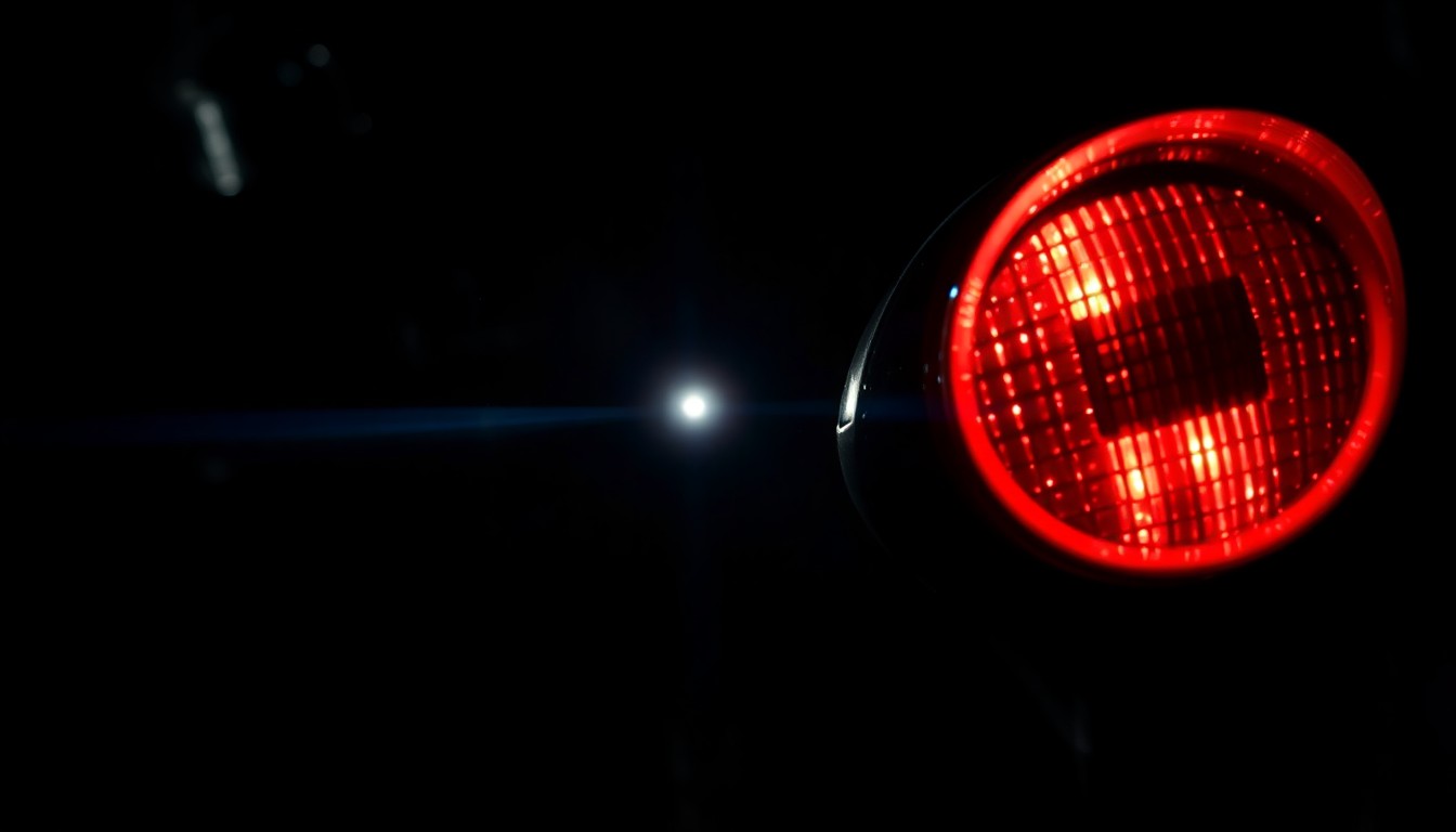 An extreme close-up photograph of a damaged motorcycle part, such as a broken mirror or shattered taillight, lit by a harsh, direct camera flash against a pitch-black background, conceptually illustrating the tragic consequences of a fatal highway accident.