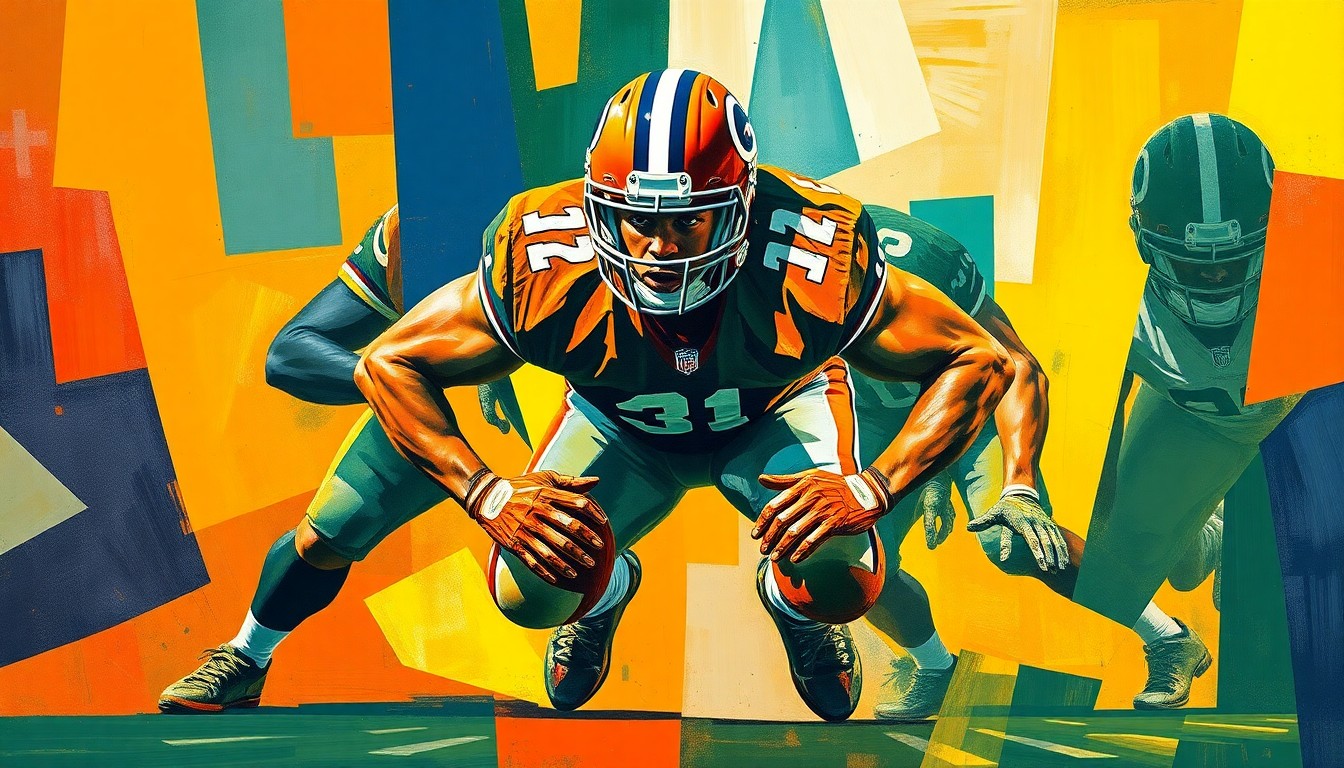 A fractured, multi-perspective painting depicting a defensive tackle bursting through the line of scrimmage, with sharp, overlapping geometric planes in vibrant colors like burnt orange, navy blue, and forest green, conceptually representing Burley's drive to fulfill his potential at Clemson.