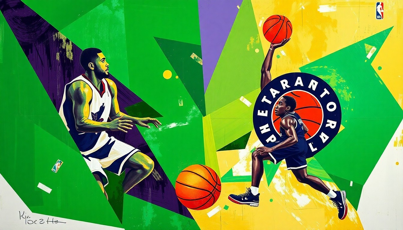 A cubist-style painting depicting a basketball game between the Boston Celtics and Toronto Raptors, with the players' forms broken down into abstract geometric shapes and planes of vibrant green, purple, and gold colors.
