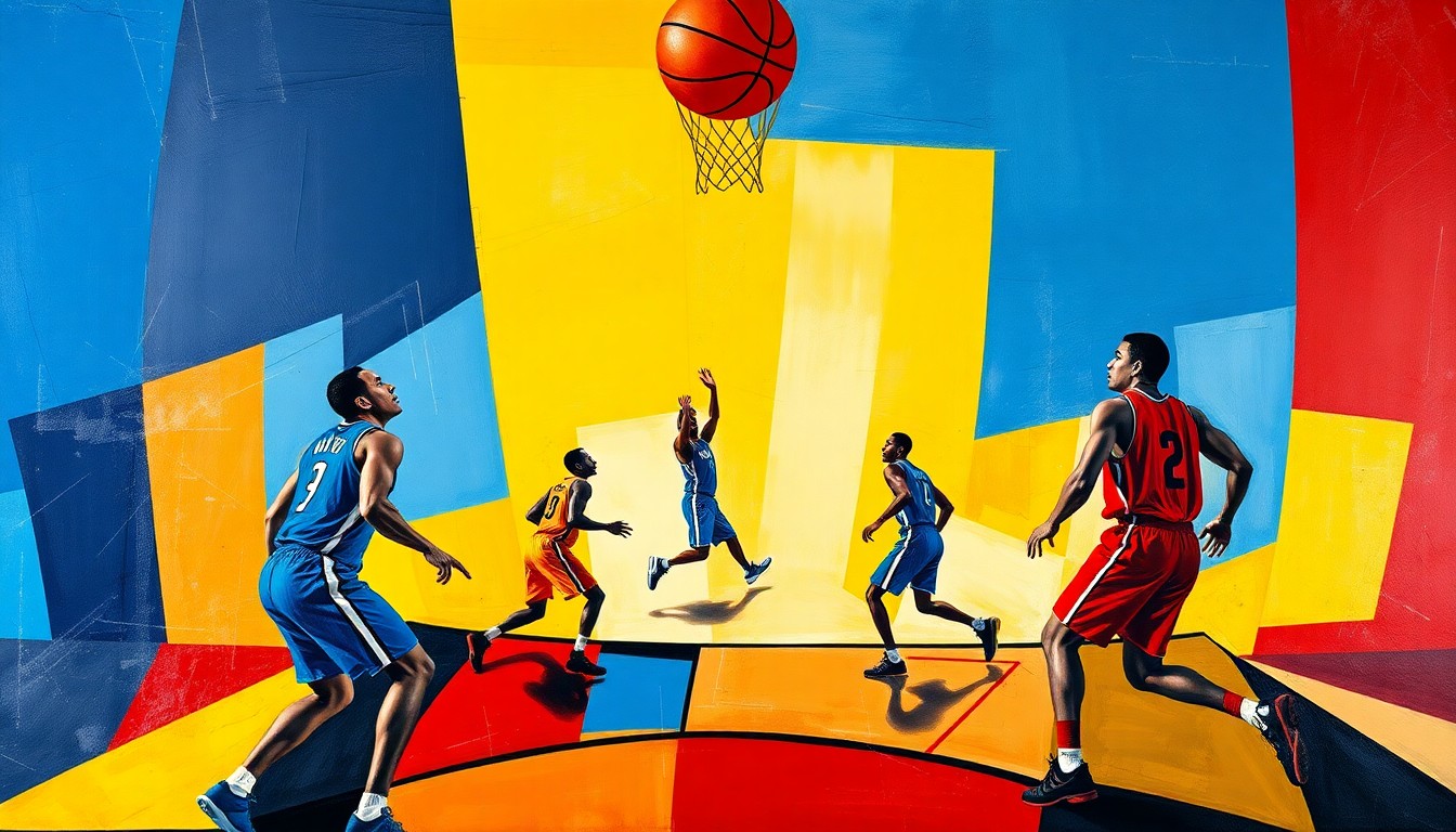 A cubist, geometric painting depicting the action of a basketball game, with the players' forms broken down into abstract shapes and planes of vibrant colors.