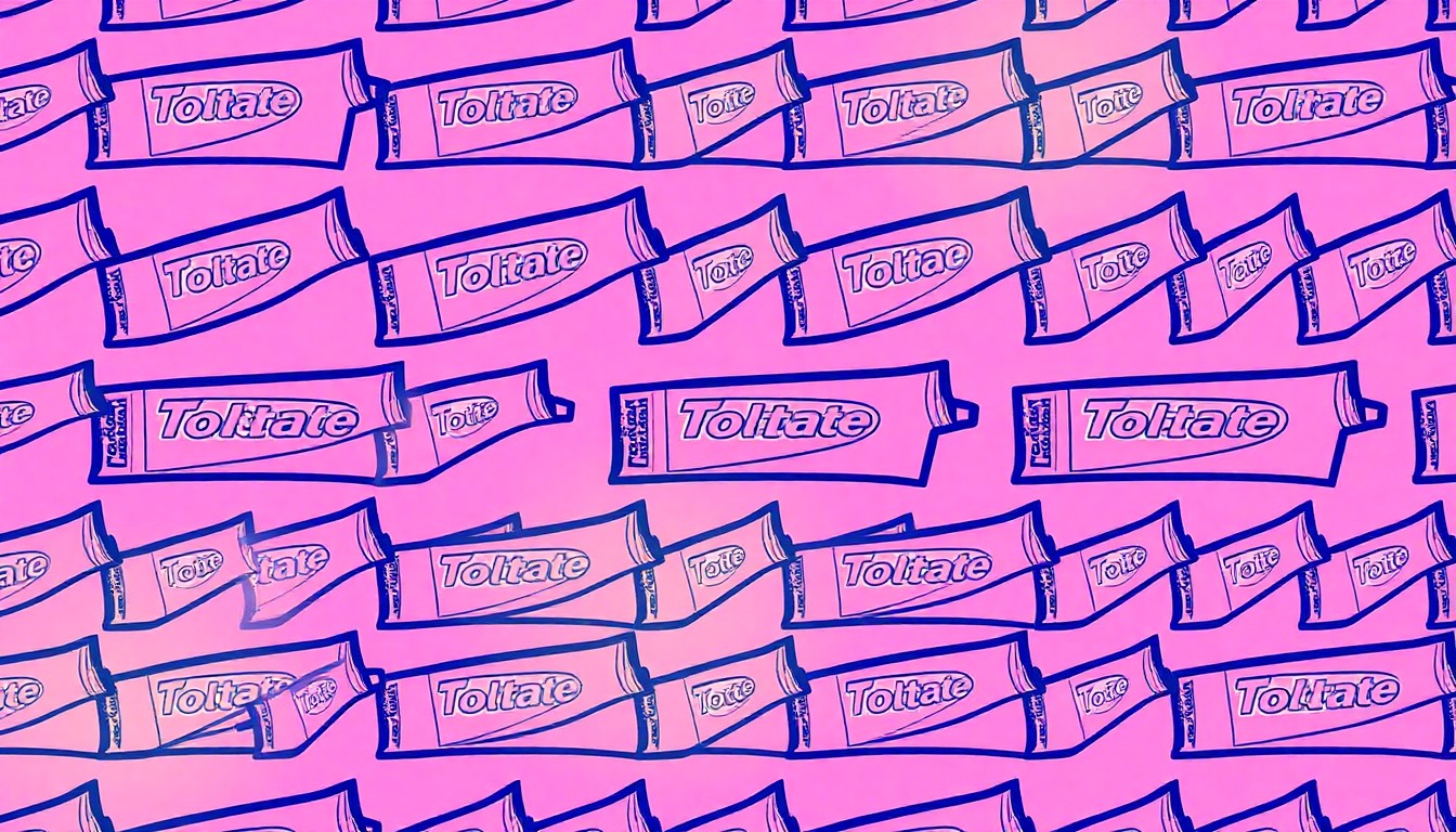 A bold, colorful silkscreen-style illustration featuring a repeating pattern of a single iconic toothpaste tube, conceptually representing the frustrations over wasteful packaging and the need for more sustainable consumer products.