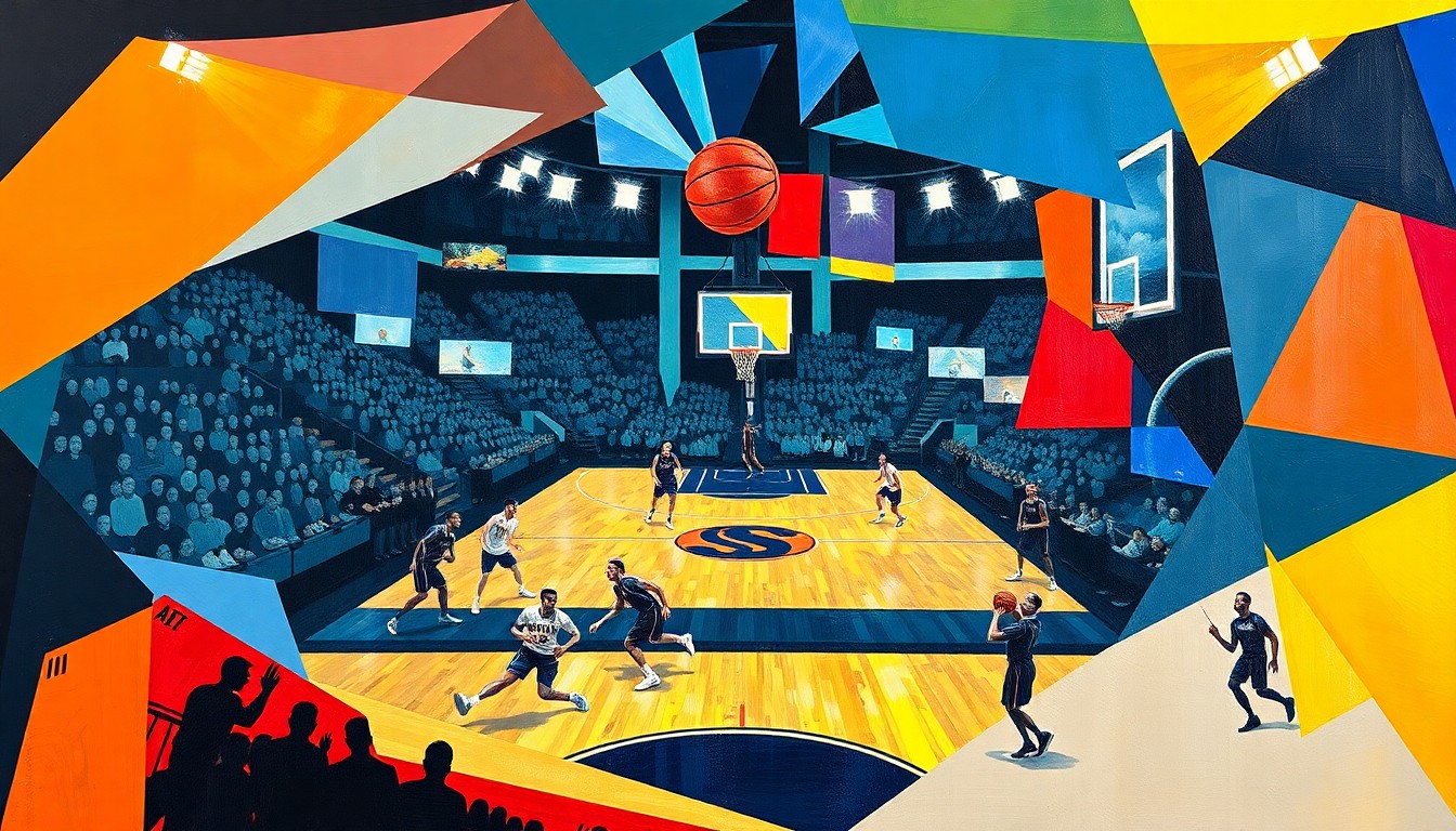 A cubist, geometric painting depicting the dynamic movements and energy of a college basketball game, with overlapping shapes and vibrant colors representing the players and the action on the court.