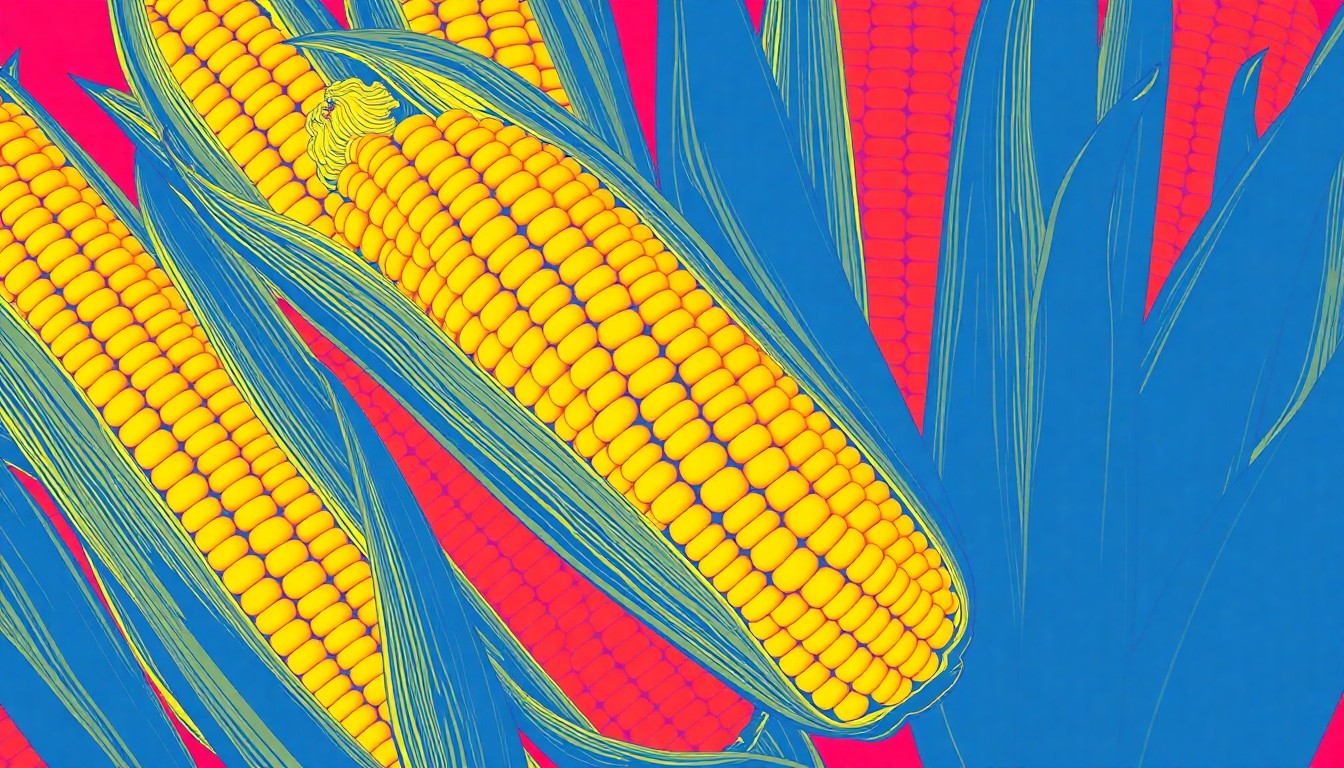 A high-contrast, silkscreen-style illustration featuring a grid of neon-colored corn cobs, conceptually representing Nebraska's agricultural identity and the celebratory energy of National Nebraska Day.