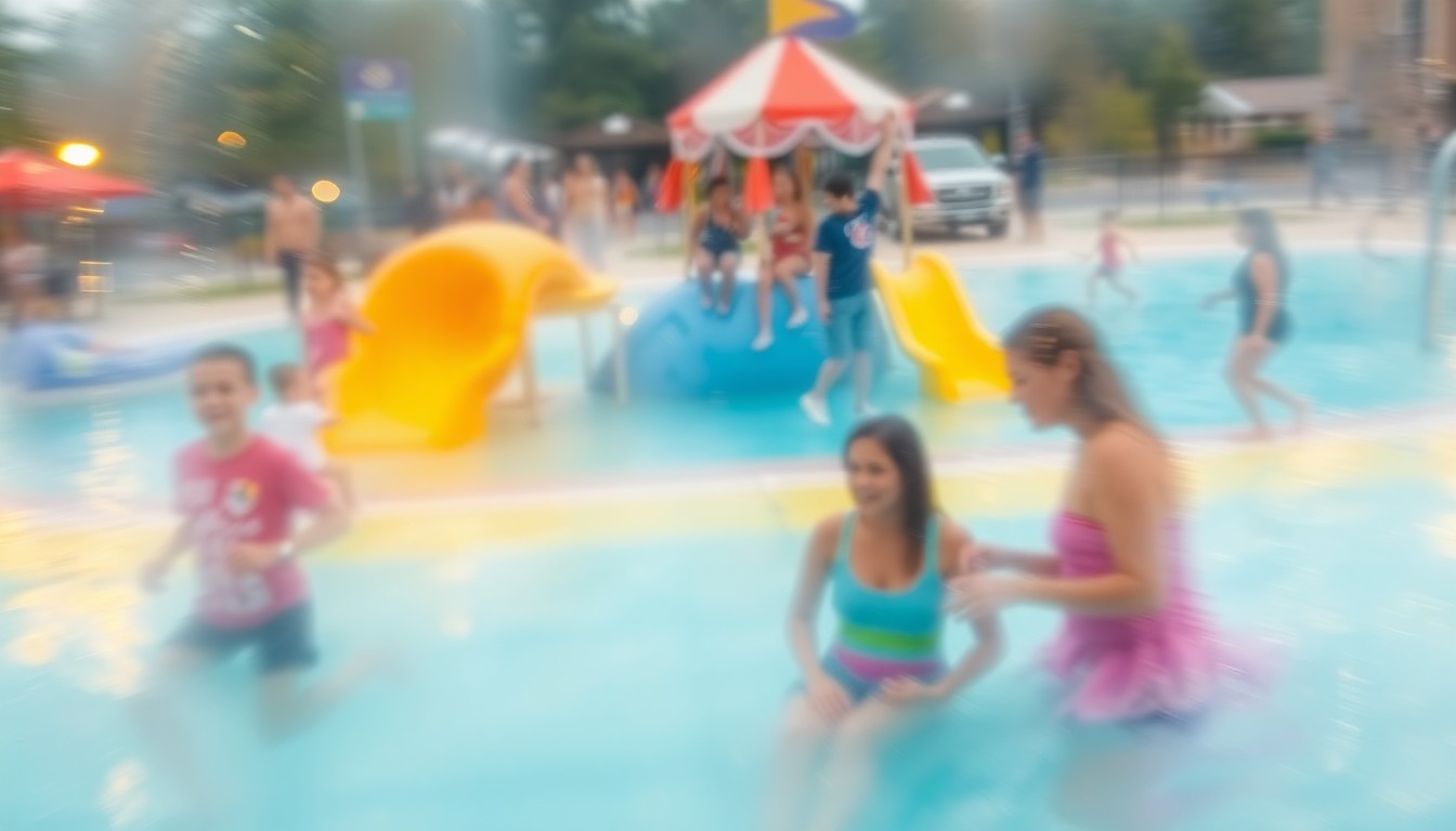 An abstract, impressionistic scene of blurred, colorful shapes and figures representing families enjoying the new tennis courts, pickleball courts, and adaptive playground at Memorial Park.