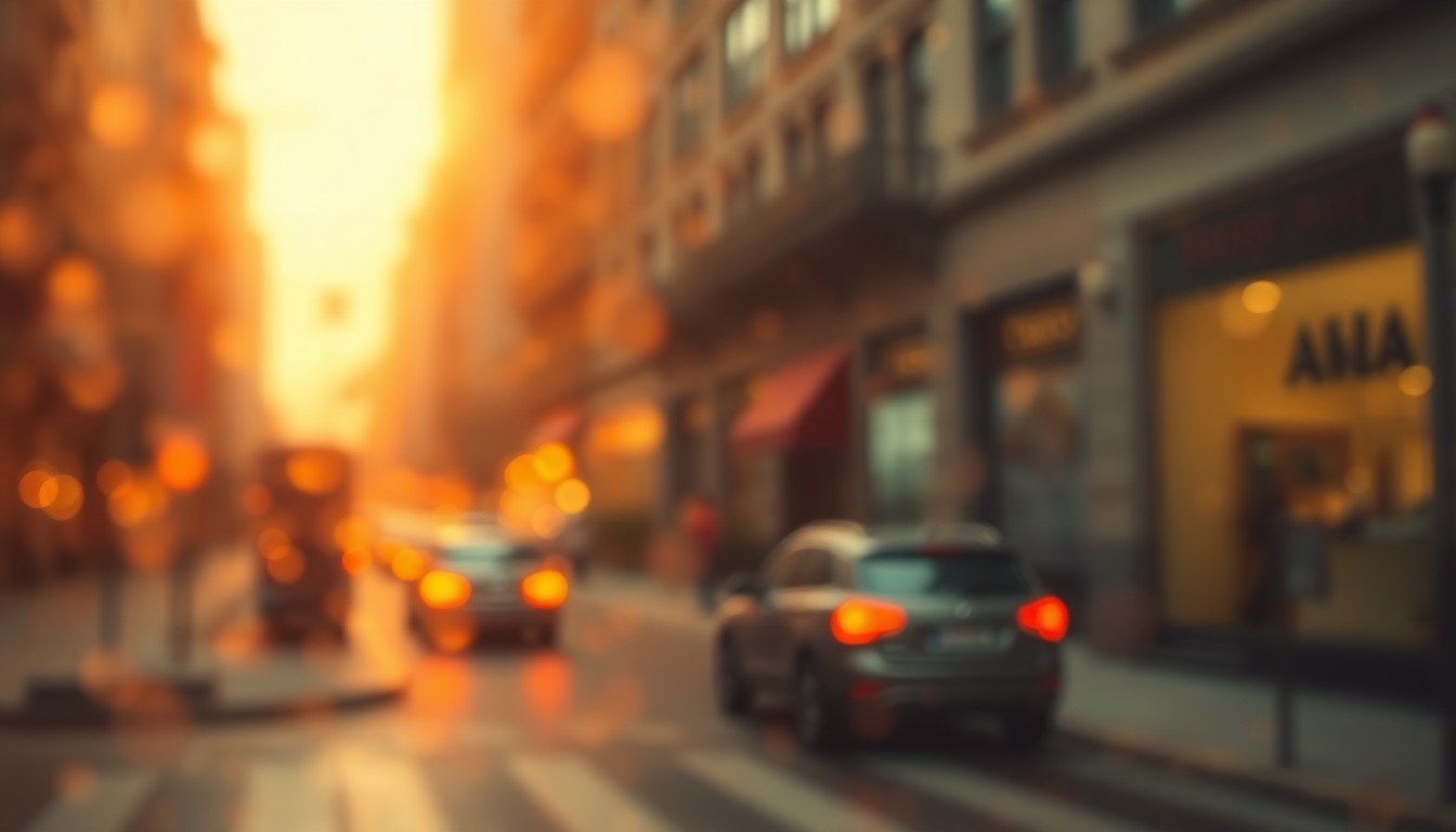 An abstract, hazy photograph of a peaceful urban street scene, with soft, warm colors and blurred, out-of-focus details conveying a sense of community and contemplation.