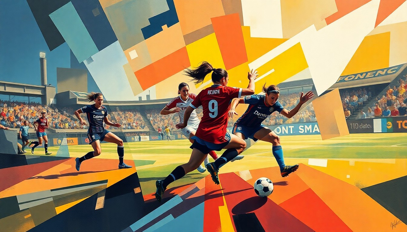 A cubist, geometric painting depicting a soccer match between the Denver Summit and Seattle Reign, with the players' movements and the intensity of the game expressed through a fragmented, angular composition.