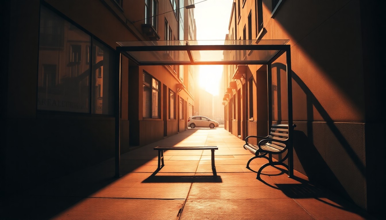 A dimly lit urban alleyway with a solitary bus stop bench, the scene bathed in warm, cinematic lighting and deep shadows, conveying a sense of quiet contemplation and political tension.