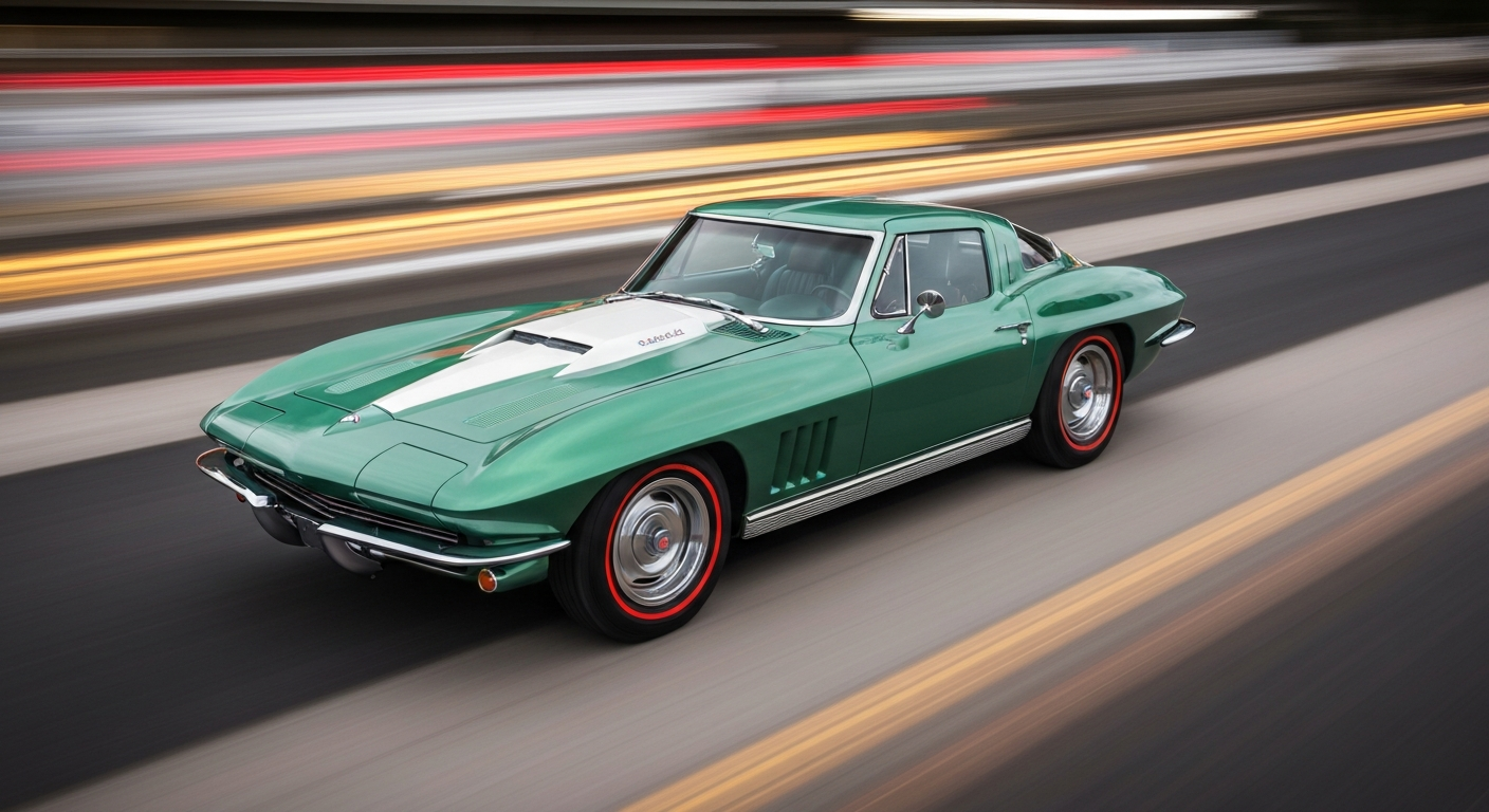 An abstract, impressionistic image created with sweeping, colorful brushstrokes that convey the motion and energy of a classic 1967 Chevrolet Corvette Sting Ray Sport Coupe in motion.