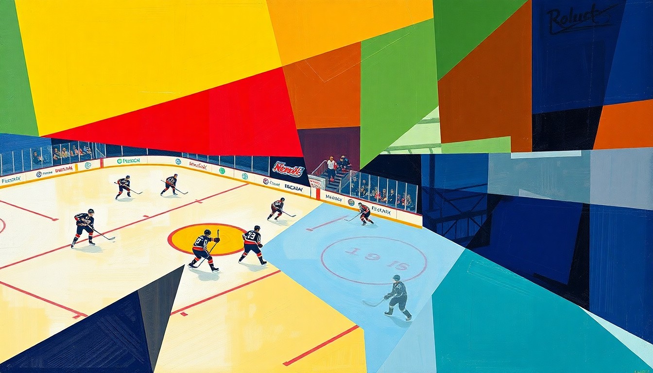 A cubist, geometric painting depicting a hockey game, with sharp planes of color representing the players and action on the ice.