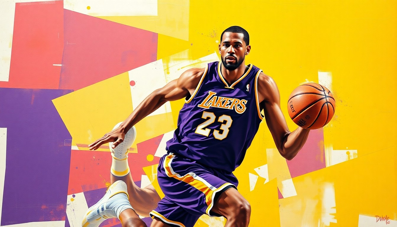 Lukisan cubist menggambarkan pemain basket dalam gerakan, dengan tubuh dan jersey yang dibagi menjadi bentuk geometris tajam dengan warna ungu dan emas Lakers.