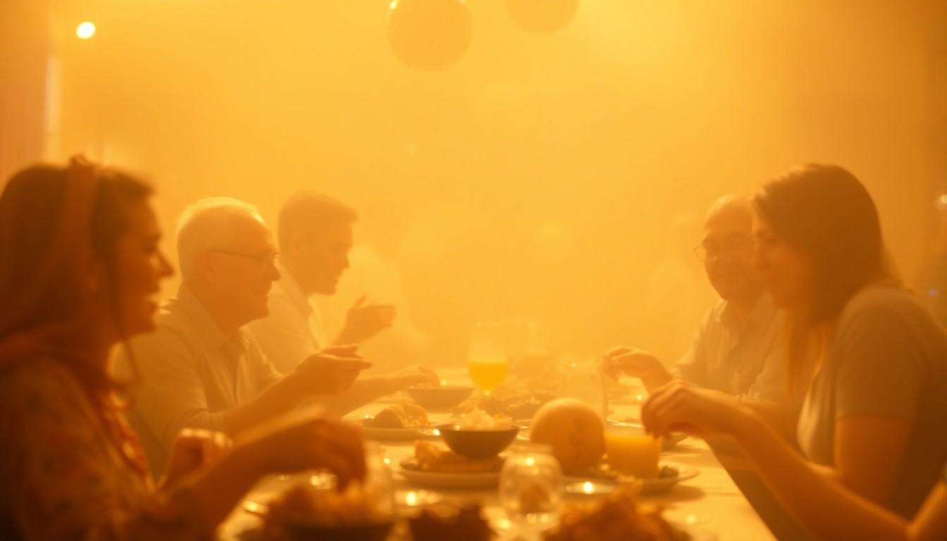 An abstract, impressionistic photograph in soft, warm tones depicting the blurred silhouettes of people sharing a meal together, conveying a sense of community and connection.