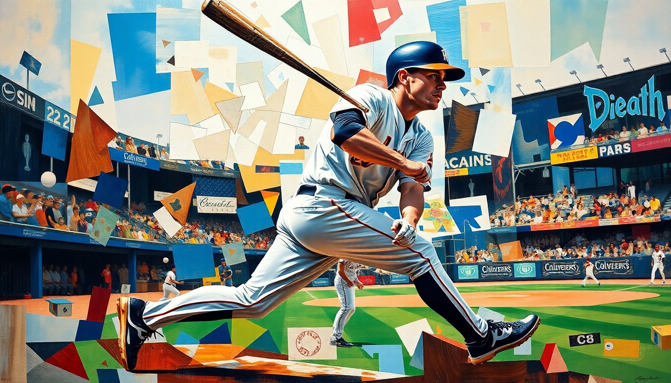 A fragmented, geometric painting depicting the motion and energy of a baseball game, with sharp planes and angles representing the loss of a star player to injury.