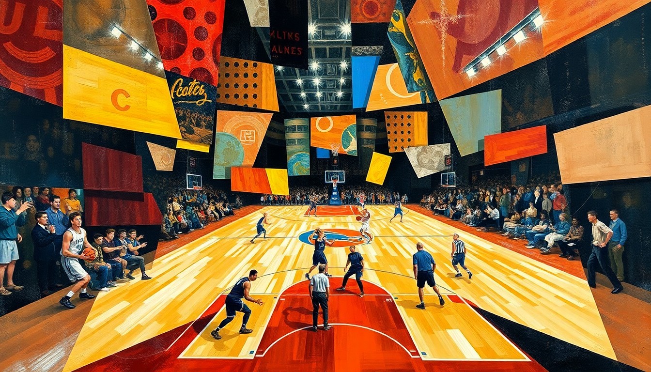 A cubist, geometric painting depicting a basketball game, with the players and court broken down into sharp, overlapping shapes and planes of color, capturing the dynamic energy and multiple perspectives of the sport.