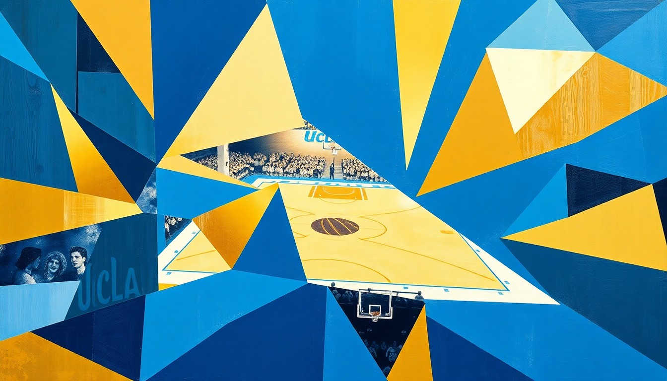 A cubist, geometric painting depicting the action of a UCLA women's basketball game, with the players' movements and the court itself broken down into sharp, overlapping planes of blue, gold, and white.
