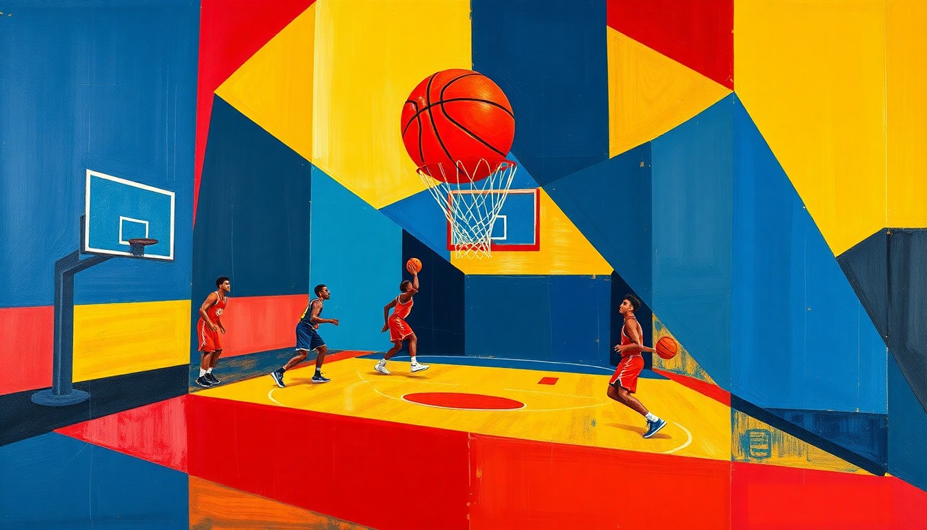A cubist-style painting depicting a fragmented, geometric interpretation of a basketball game or practice, with sharp planes of navy, red, and gold colors creating a dynamic, energetic visual.