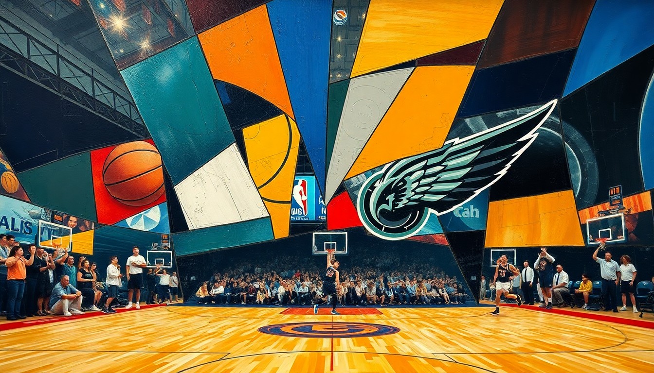 A fragmented, geometric painting depicting a basketball game or match, with sharp, overlapping planes of color and form representing the multifaceted dynamics at play.