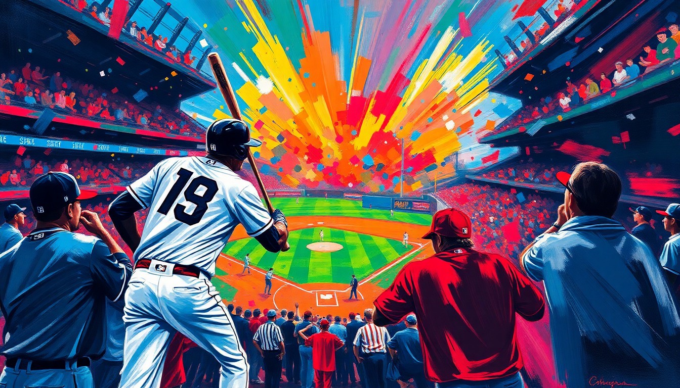 A dynamic, neon-colored painting depicting the explosive energy and action of a high-stakes baseball game, capturing the excitement and anticipation of the matchup between the Detroit Tigers and St. Louis Cardinals.