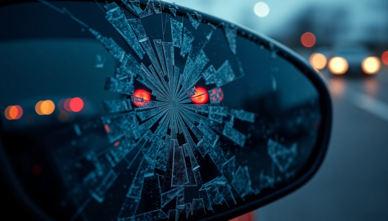 An extreme close-up of a shattered car side mirror lens reflecting the faint glow of red taillights, conceptually representing the aftermath of a tragic pedestrian collision.
