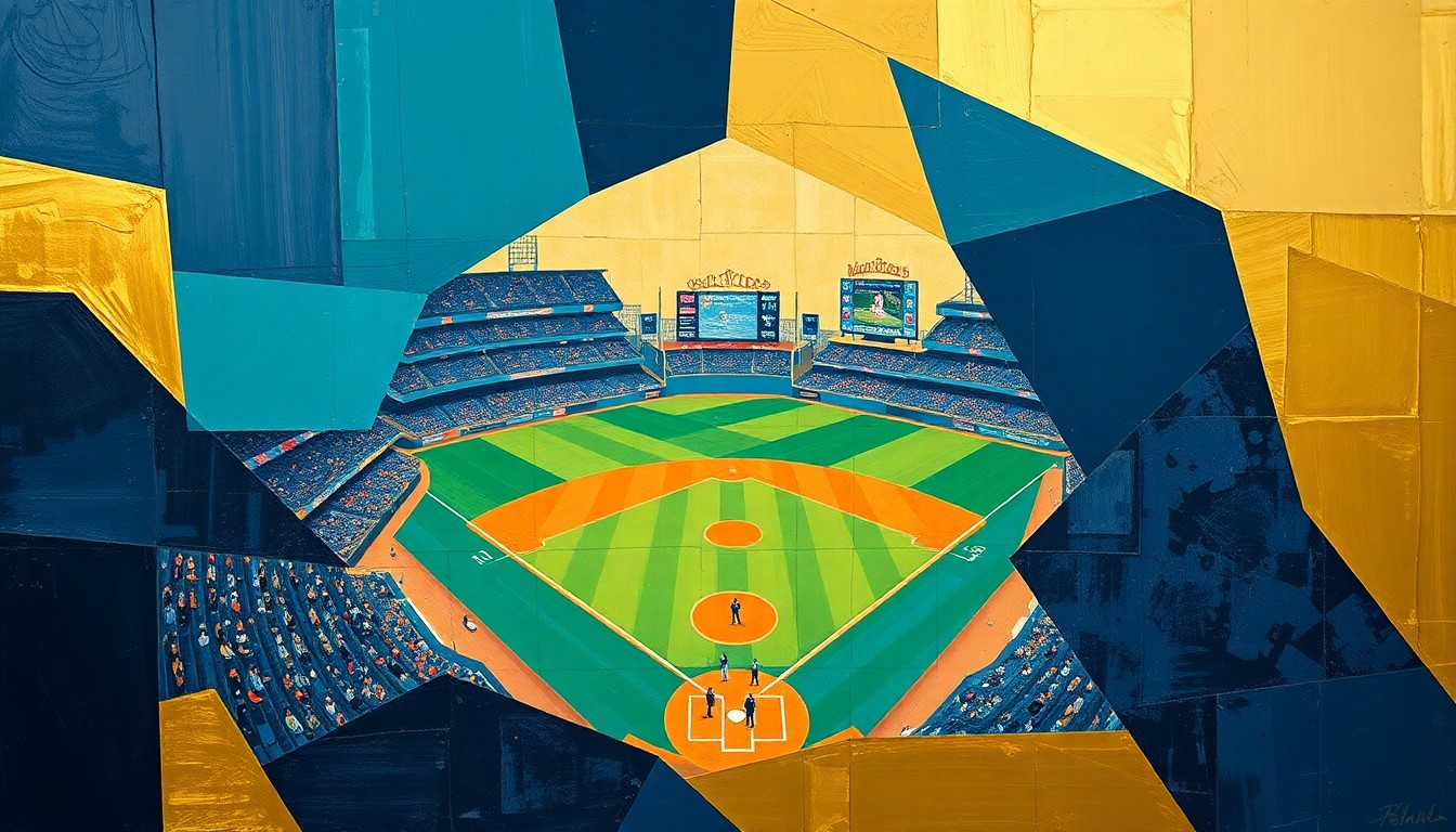 A cubist-style painting depicting a baseball game broken down into overlapping geometric shapes and planes in navy, teal, and gold, conveying the concept of veteran leadership guiding young players.