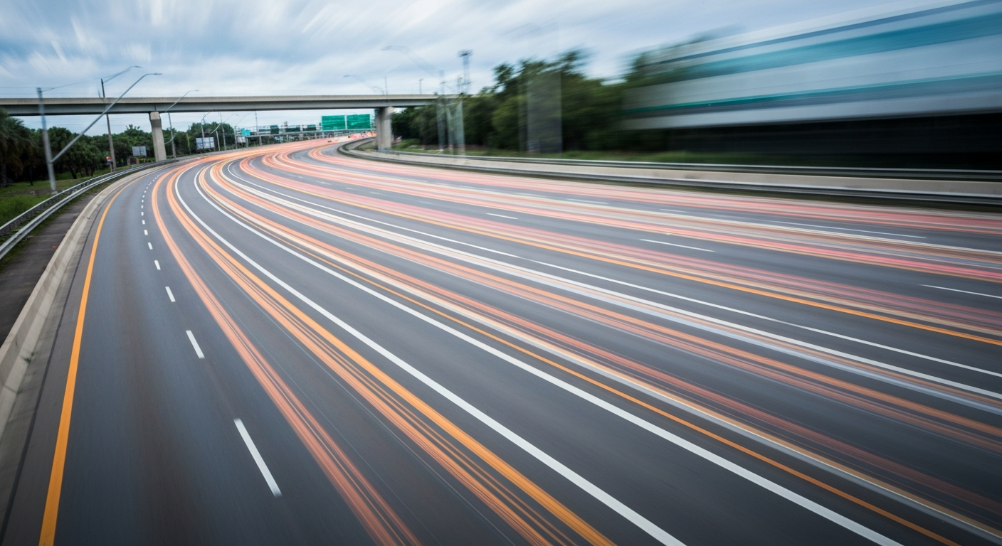 An abstract, motion-blurred image of a busy highway in Palm Beach County, with vibrant streaks of color and a sense of chaotic movement, conceptually representing the traffic challenges caused by the region's extensive road construction.