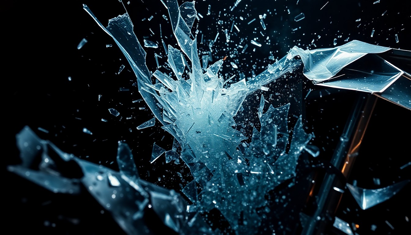 An abstract, high-contrast close-up photograph of damaged automotive materials, conveying the emotional impact of a serious collision.