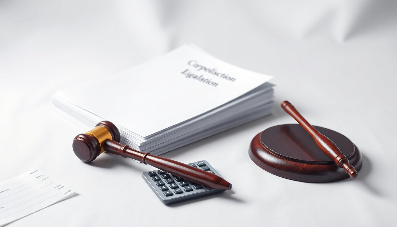 A high-end, photorealistic studio still-life photograph featuring a stack of legal documents, a gavel, and a calculator arranged elegantly on a clean, white background, conceptually representing the abstract concepts of corporate litigation, financial risk, and investor rights.