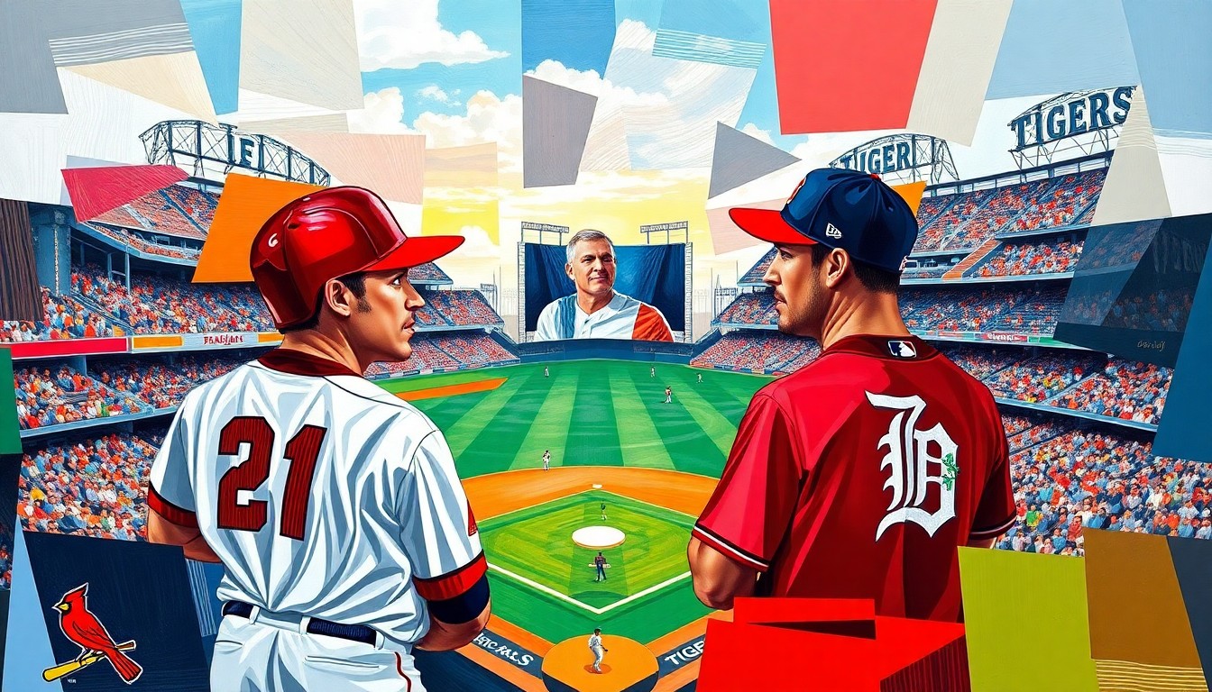 A cubist-style painting depicting a baseball game between the St. Louis Cardinals and Detroit Tigers, with the players and field broken down into sharp, overlapping geometric shapes and planes in a vibrant color palette.
