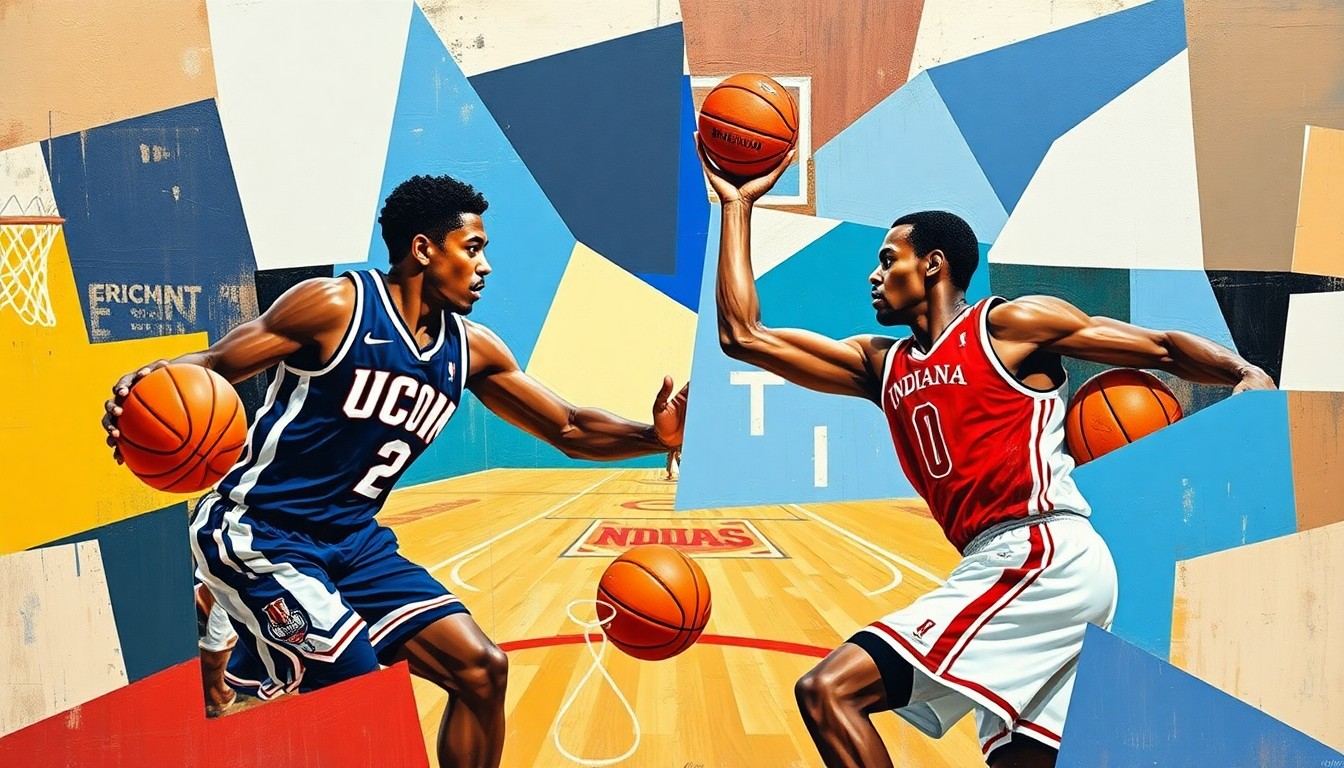 A fragmented, geometric painting depicting the action of a basketball game, with the players and court broken down into sharp, overlapping planes of color representing the team uniforms of UConn and Indiana.