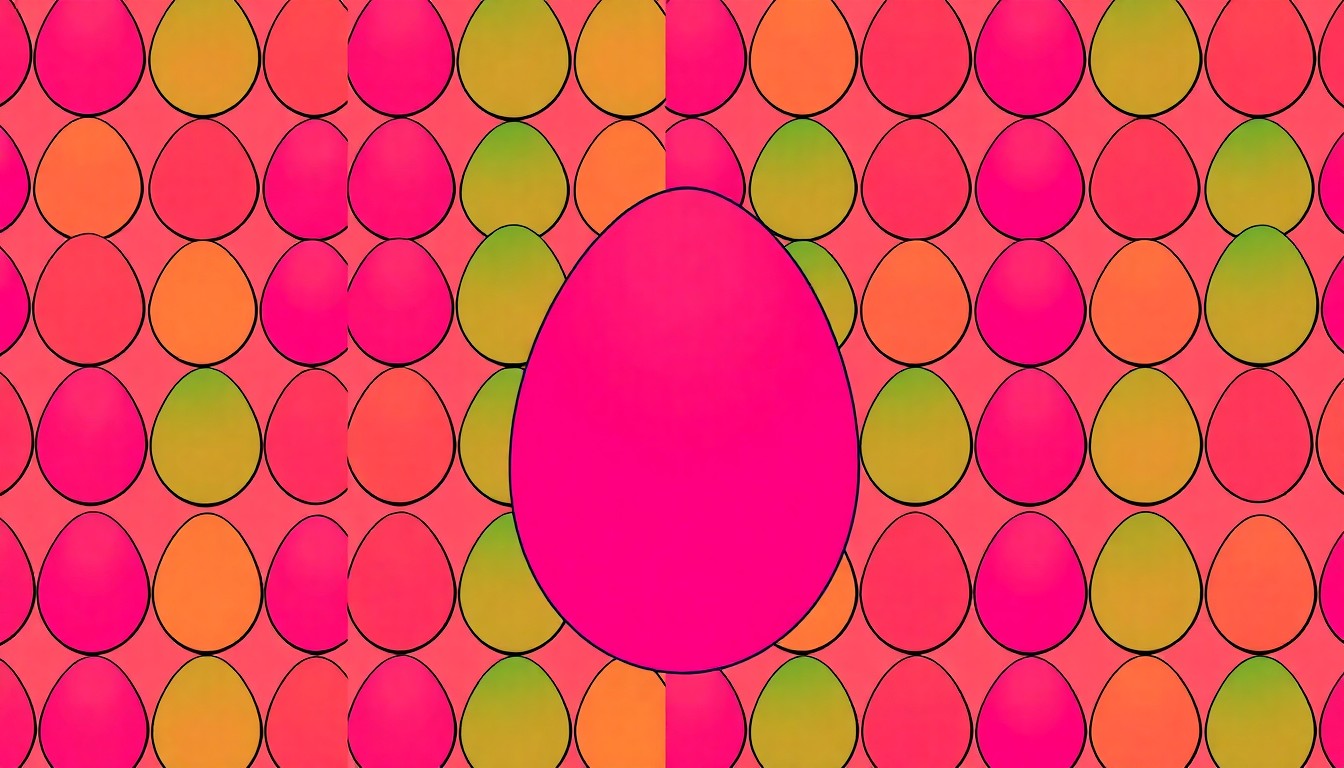 A brightly colored, high-contrast silkscreen print of a single, iconic Easter egg repeated in a tight grid pattern, utilizing flat, vibrant, and unnatural neon color palettes overlapping with heavy black photographic outlines to turn the everyday Easter tradition into modern pop art.