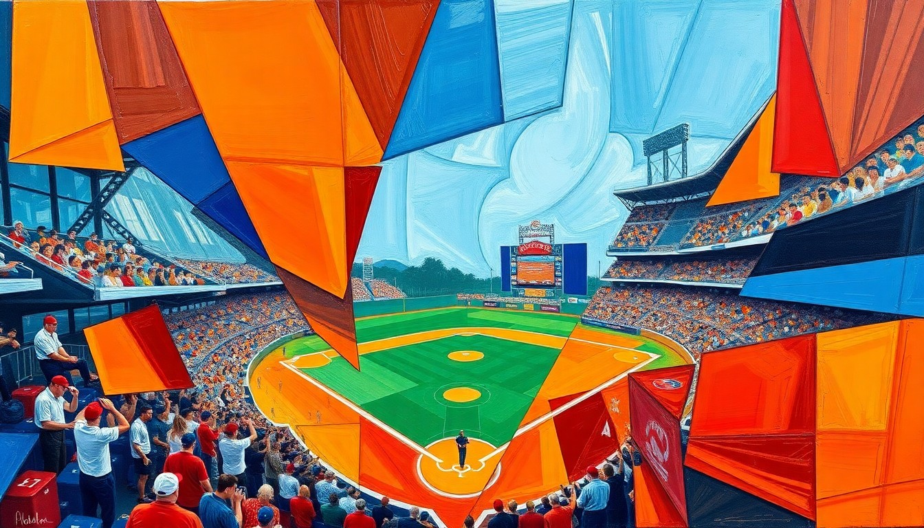 A cubist, geometric painting depicting a baseball game broken down into overlapping planes of bright colors, capturing the dynamic energy and shifting momentum of the Padres' comeback victory over the Red Sox.