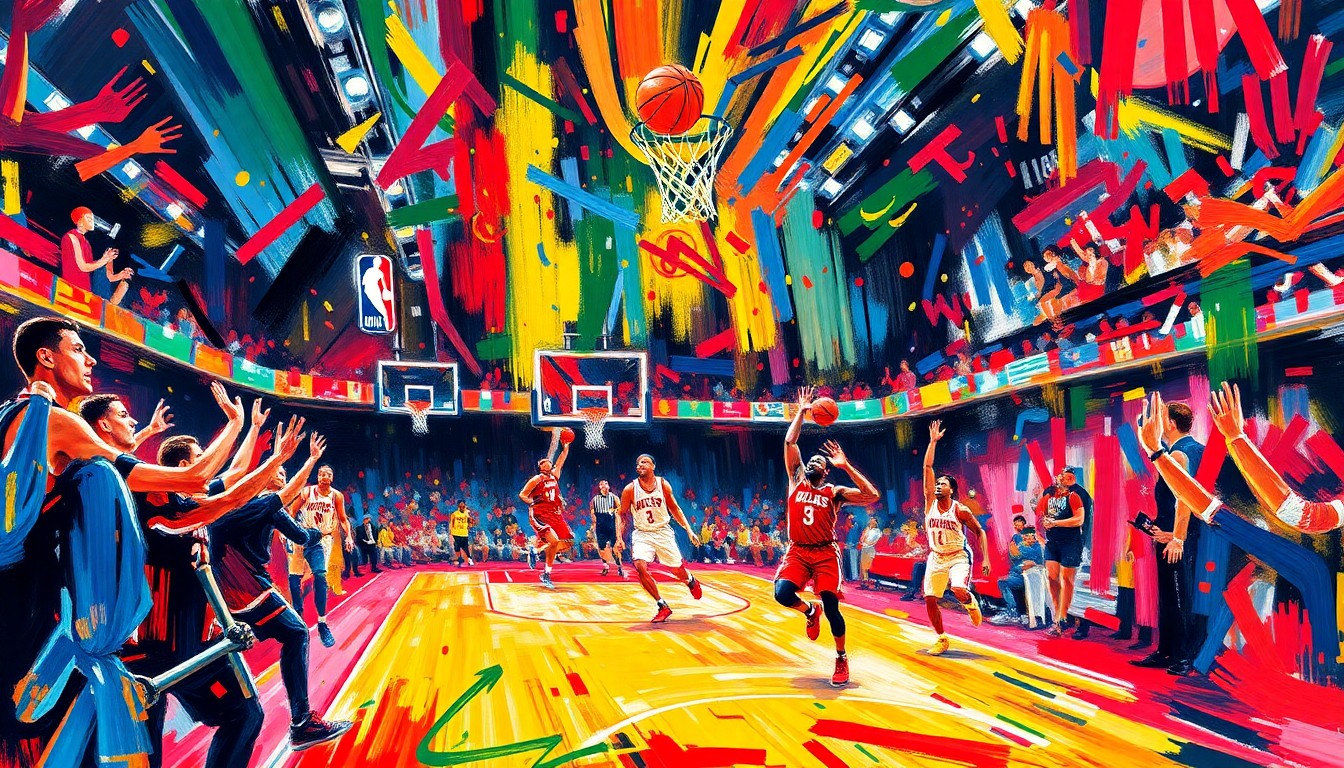 An abstract, expressionist painting in vibrant neon colors, capturing the dynamic energy and intensity of a professional basketball game through bold, sweeping brushstrokes.