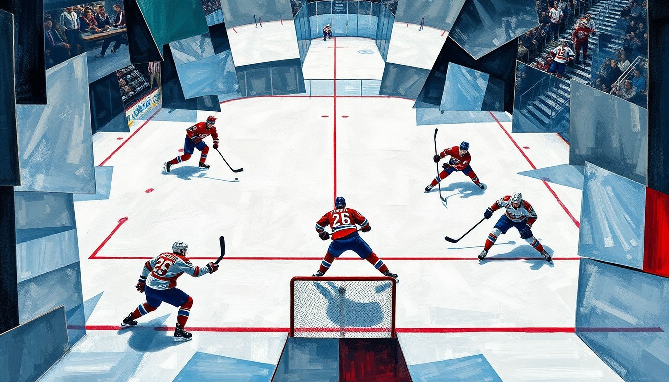A cubist, geometric painting depicting the chaotic action of a hockey goal, with fragmented shapes and planes representing the players, puck, and ice surface.